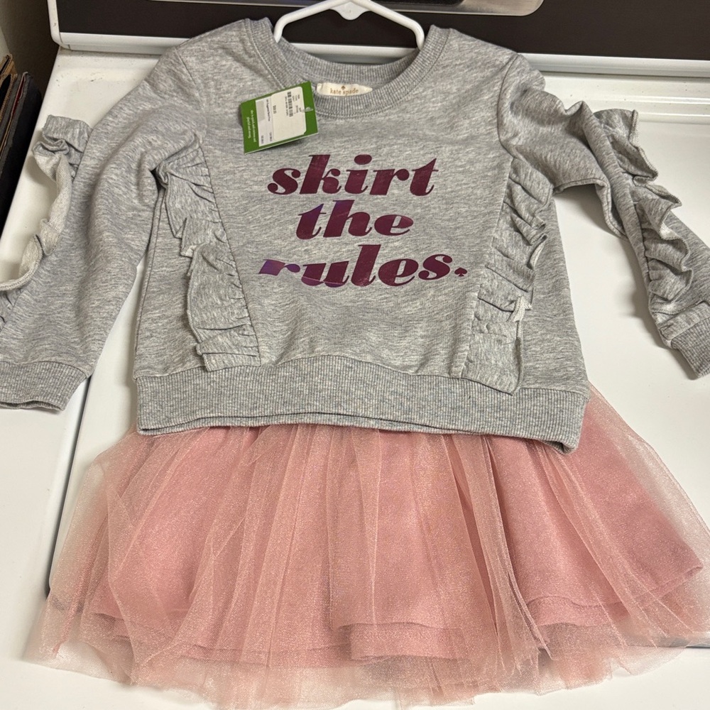 Kate Spade Gray Sweatshirt with pink print and pink glitter skirt size 3